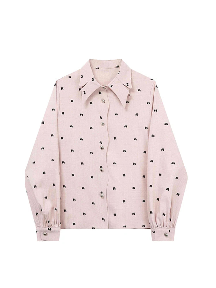 Women Grey Bow Print Shirts and Blouses Y2k 90s Vintage Korean Harajuku 2000s Elegant Long Sleeve Polo-Neck Shirt Trashy Clothes