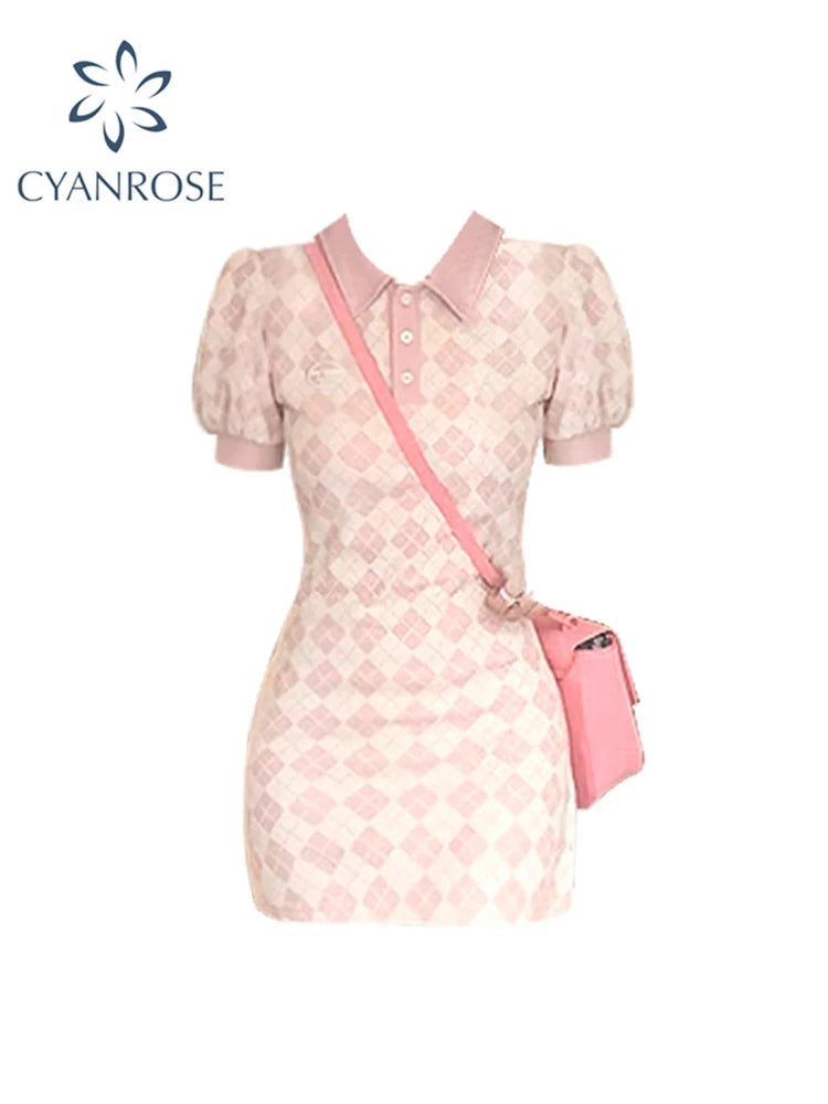 Women Summer Plaid Mini Dress Kawaii High Waist Polo-Neck Cute Slim Midi Dress French Elegant Loose Sweet Party Holiday Vestidos