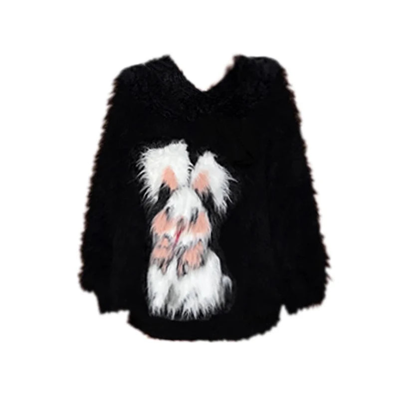 Women's Black Gothic Mohair Pullover Knit Sweater Harajuku Y2k Long Sleeves Knitted Rabbit Sweater Jumper Vintage 2000s Clothes