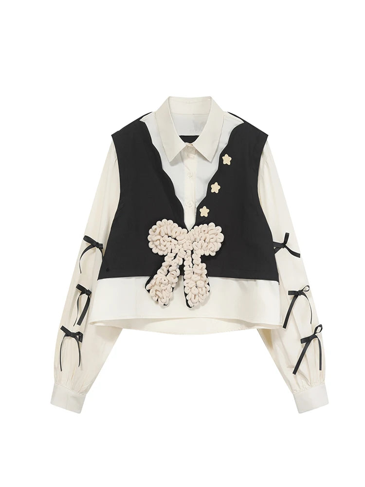 Women's Y2K Vintage Korean Harajuku Patchwork Blouse - Long Sleeve Bow Detail 2025 Retro Elegant Top