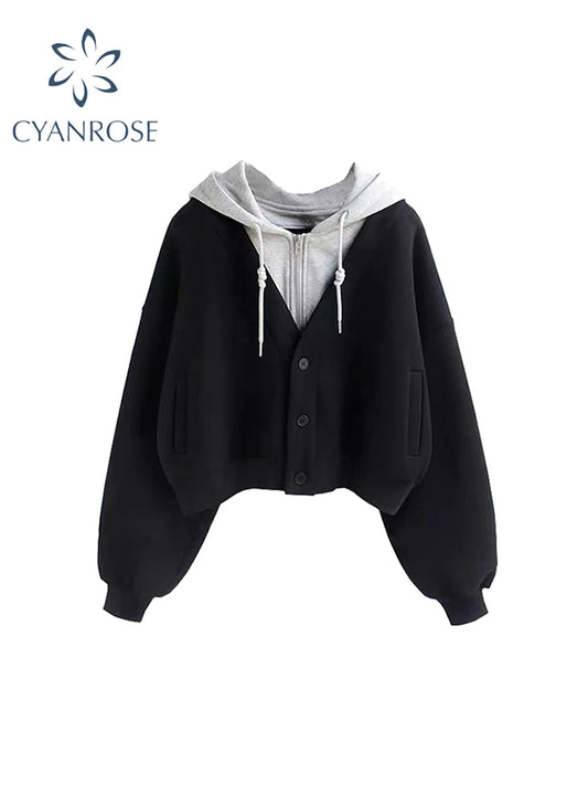 Women's Black Gothic Patchwork Sweatshirt Vintage 90s Aesthetic 2000s Harajuku Korean Y2k Hoodies Top Trashy Clothes Autumn 2024