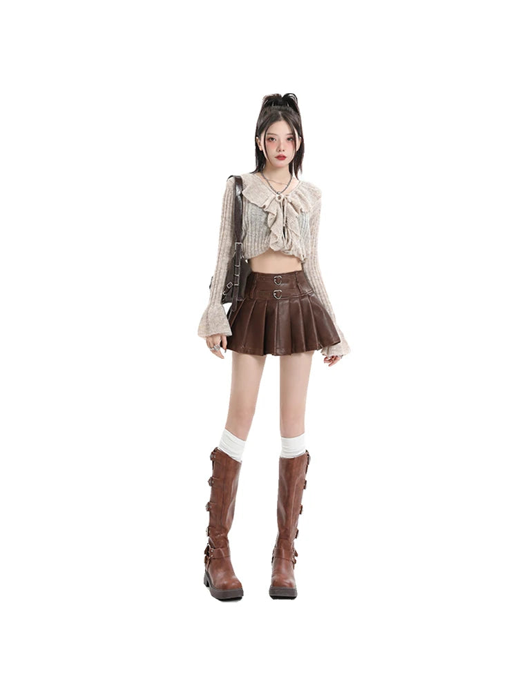 Women's Coffee Leather Pleated Skirt Harajuku Y2k 2000s Vintage Mini Skirt 90s Aesthetic Streetwear Fashion A-Line Skirt Clothes