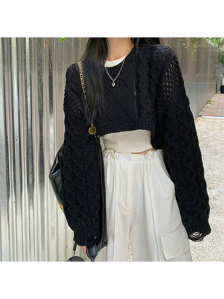 2022 Autumn New Women Solid Color Pullover Sweater Hollow Out Knitted Long Sleeve Cropped Sweater Korean Style Casual Fashion