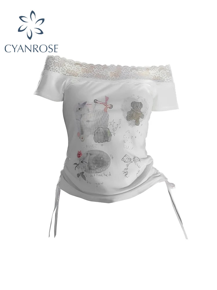 Women's White Graffiti Print T-shirt Harajuku Korean Y2k Tee Top Vintage 90s Aesthetic Short Sleeve T-shirt 2000s Clothes Summer