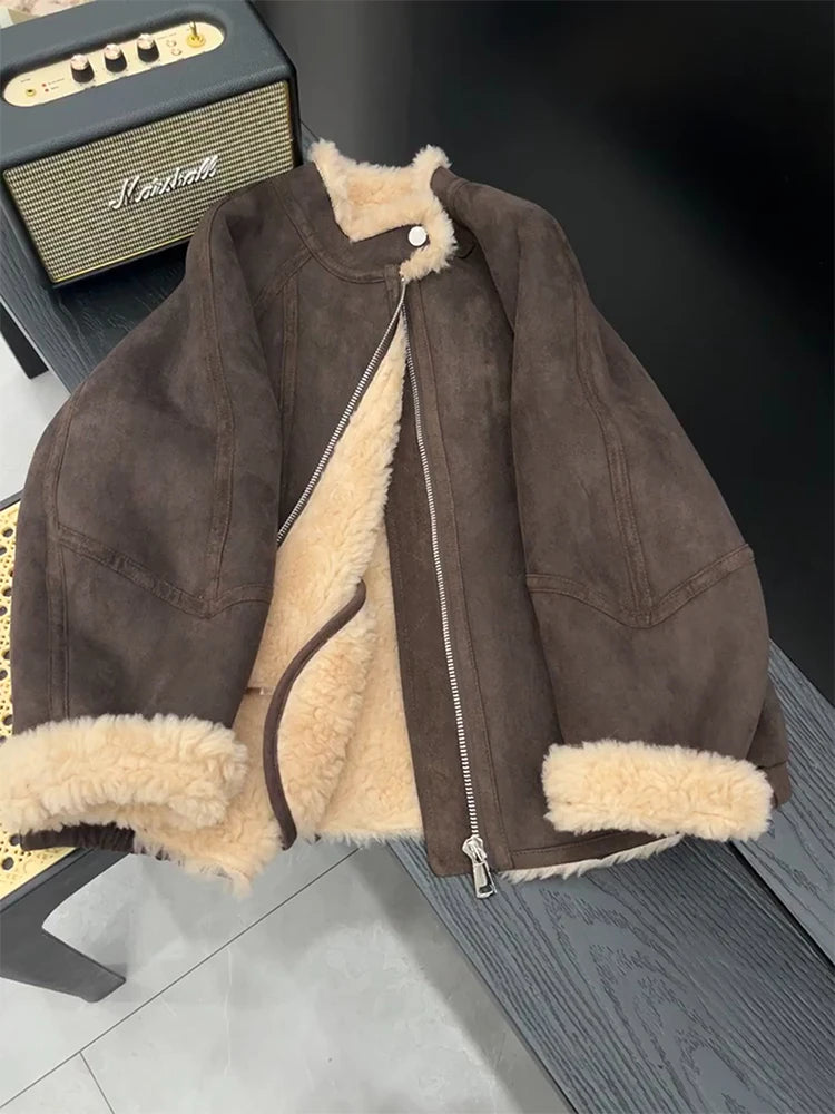 Women Coffee Shearling Jacket Coat Vintage Black Motorcycle Jacket 90s Fashion Streetwear Korean Loose Leather Outerwear Clothes