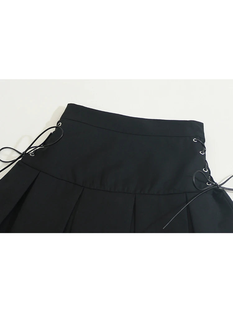 Women's Pleated Skirt Kawaii Gothic Black Mini Skirt Korean High Waist Y2k Harajuku Vintage Bandage A-line Skirt Clothes Summer