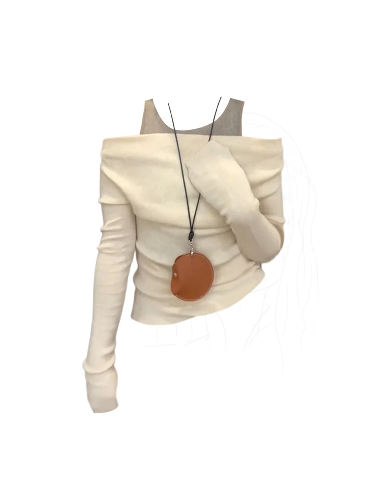 Women's Apricot T-shirt Harajuku Korean Y2k Tees Top Vintage 90s Aesthetic Long Sleeve Slash Neck T-shirts 2000s Clothes Autumn