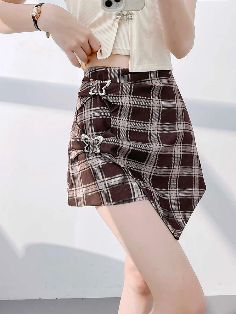 2025 New Checkered Skirt for Women's Summer New Irregular Pleated Half skirt  A-line Denim Skirt Vintage Aesthetic Y2k Skirt
