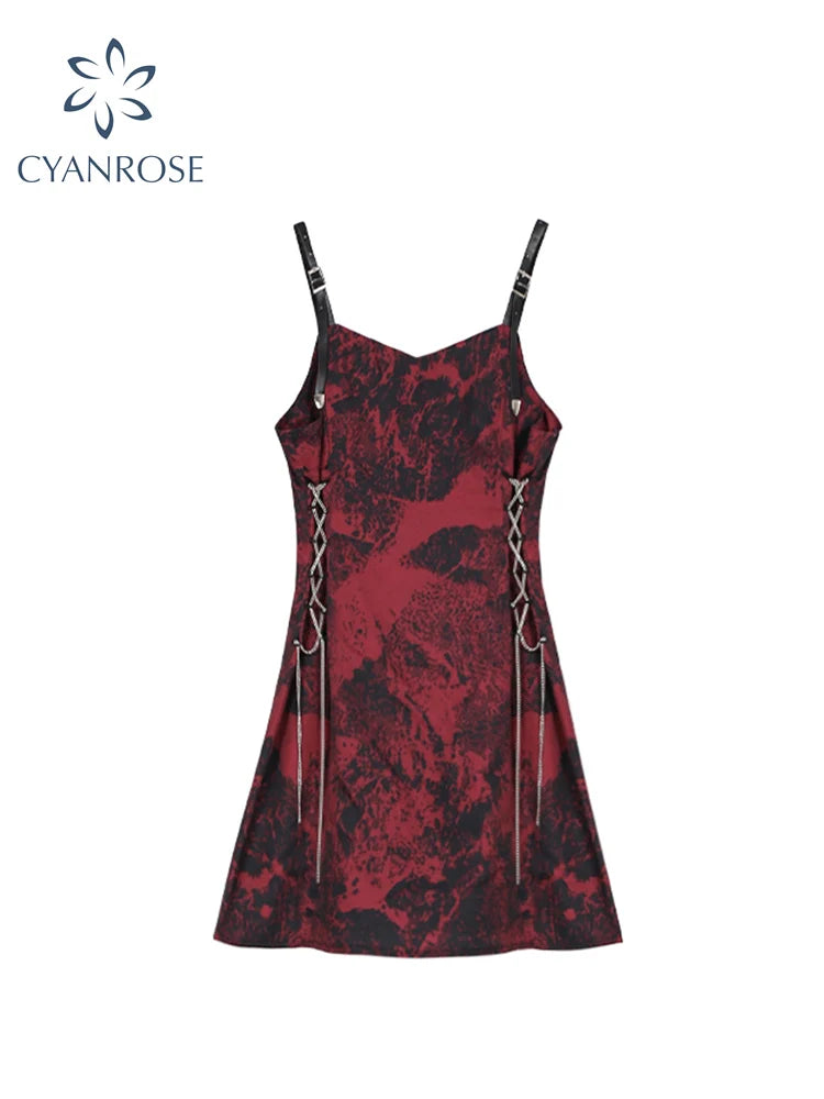 Retro Tie Dyed Women's Spaghetti Strap Dress 2025 Summer Streetwear Sexy Off Shoulder Bandage Y2k Gothic A-Line Mini Dress Girl