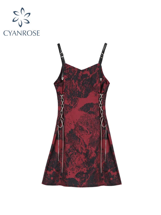 Retro Tie Dyed Women's Spaghetti Strap Dress 2025 Summer Streetwear Sexy Off Shoulder Bandage Y2k Gothic A-Line Mini Dress Girl