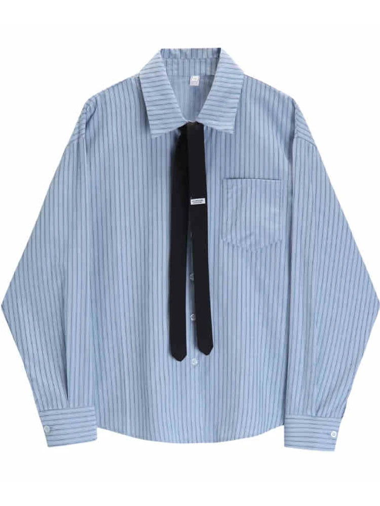 Blue Color Striped Design Tie Decoration Blouses Women Preppy Style Shirt Retro Sweet Cute Style Over-shirt Y2K Loose 2025