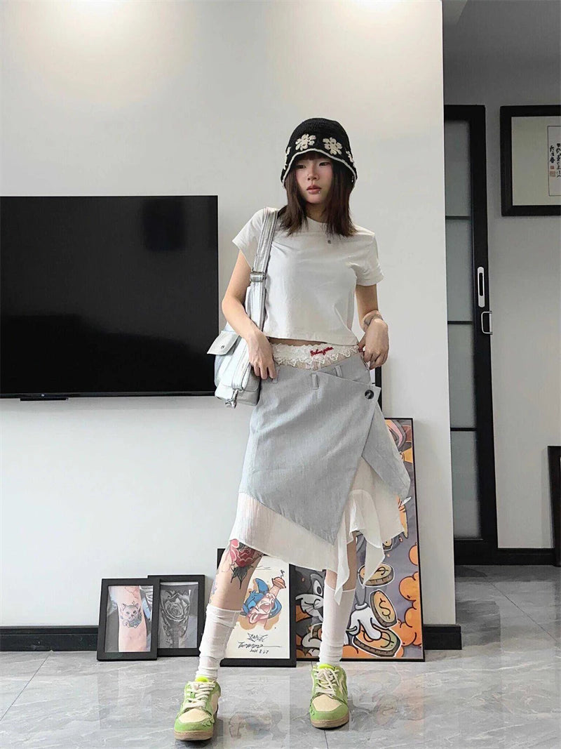 Women's Grey A-line Skirt Vintage Aesthetic Y2k Patchwork Skirt Harajuku Korean Asymmetrical Skirts 2000s Fashion Clothes Summer