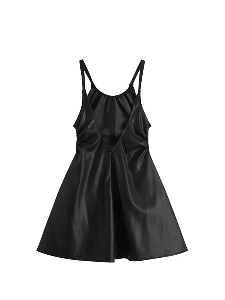 Pu Faux Leather Sexy Black Spaghetti Strap Mini Dresses Women High Waist Hollow Out Design Backless Loose Party Club Midi Frocks