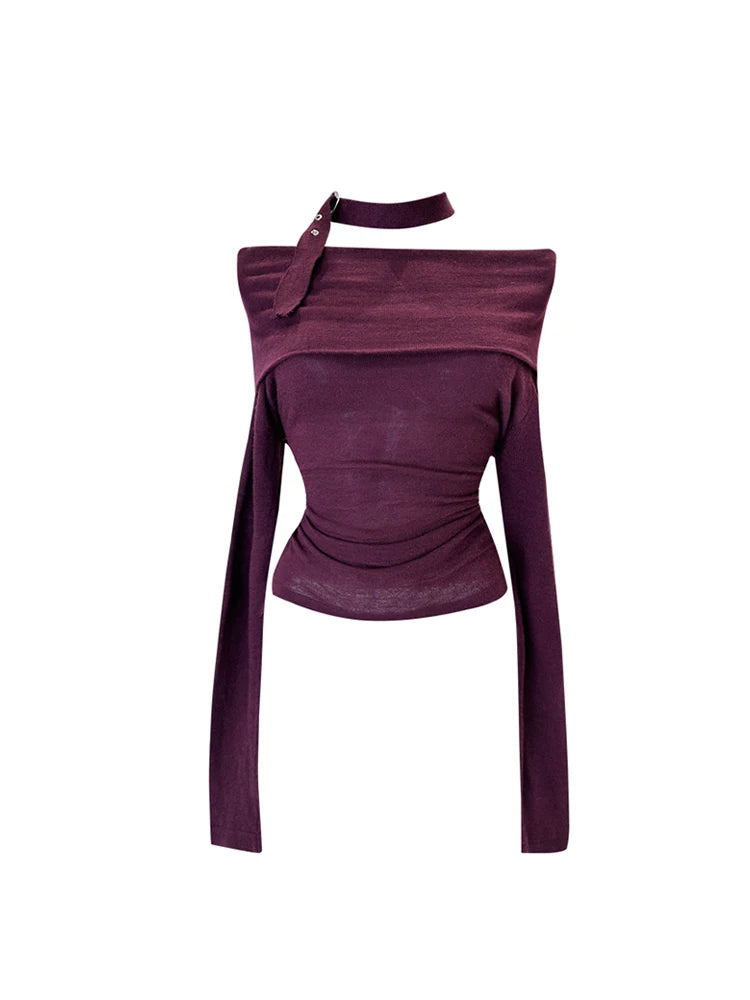 Women's Slash Neck T-shirt Korean Y2k 90s Tee Top Harajuku 2000s Vintage Streetwear Aesthetic Purple Long Sleeve T-shirt Clothes