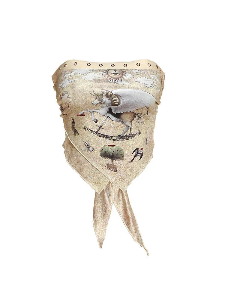 Women's Summer Graphic Print Vest Top Y2k Sexy Sleeveless Camisole Strapless T-shirt Korean With Open Shoulders Tank Top Clothes