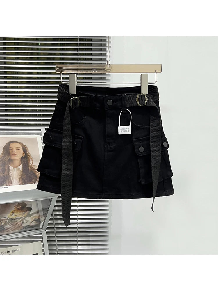 Women Denim Cargo A-line Skirt Vintage Y2k Khaki Skirt Harajuku Korean Streetwear Fashion A-line Skirts Emo 2000s Trashy Clothes