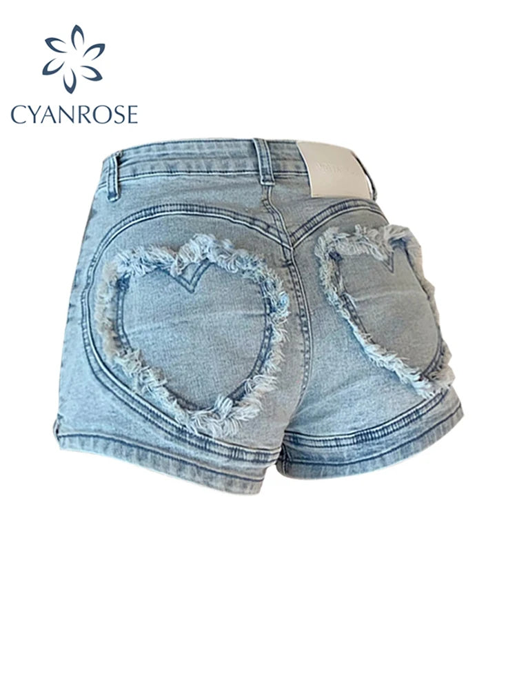 Women Jean Shorts 2023 Summer Loose High Waist Blue Baggy Heart Denim Shorts Korean Style Casual Y2k Wide Leg Short Pants Bottom