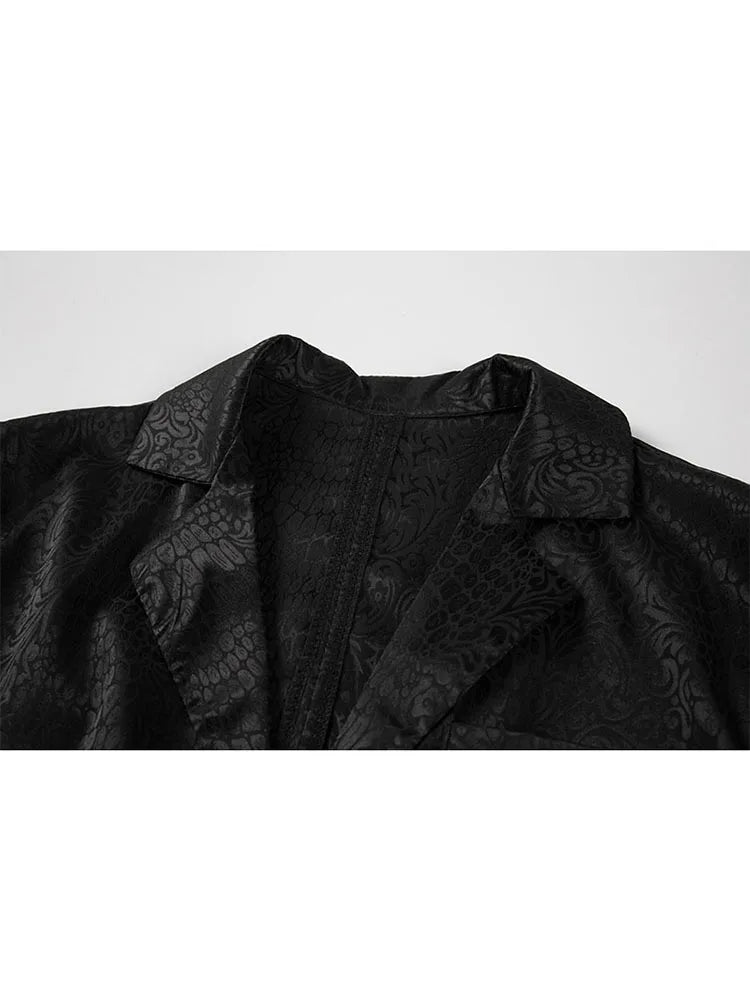 Women's Jacquard Blouse - Black Notched Collar Loose Tunic Office Elegant