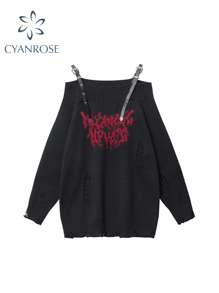 Women's Black Gothic Pullover Knitted Sweater Harajuku Korean Y2k Long Sleeves Jumper Sweaters Vintage 2000s Clothes 2024 Autumn