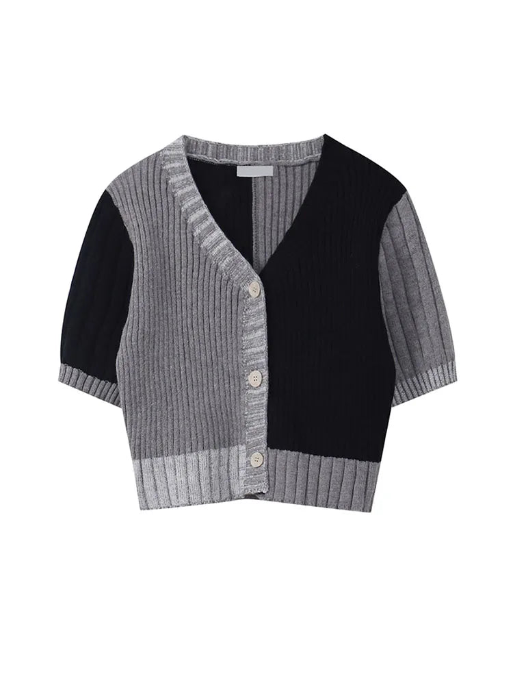Korean Style O-neck Short Knitted Sweaters Women Thin Cardigan Button Up 2022 Summer Casual Fashion Patchwork Crop Top Female