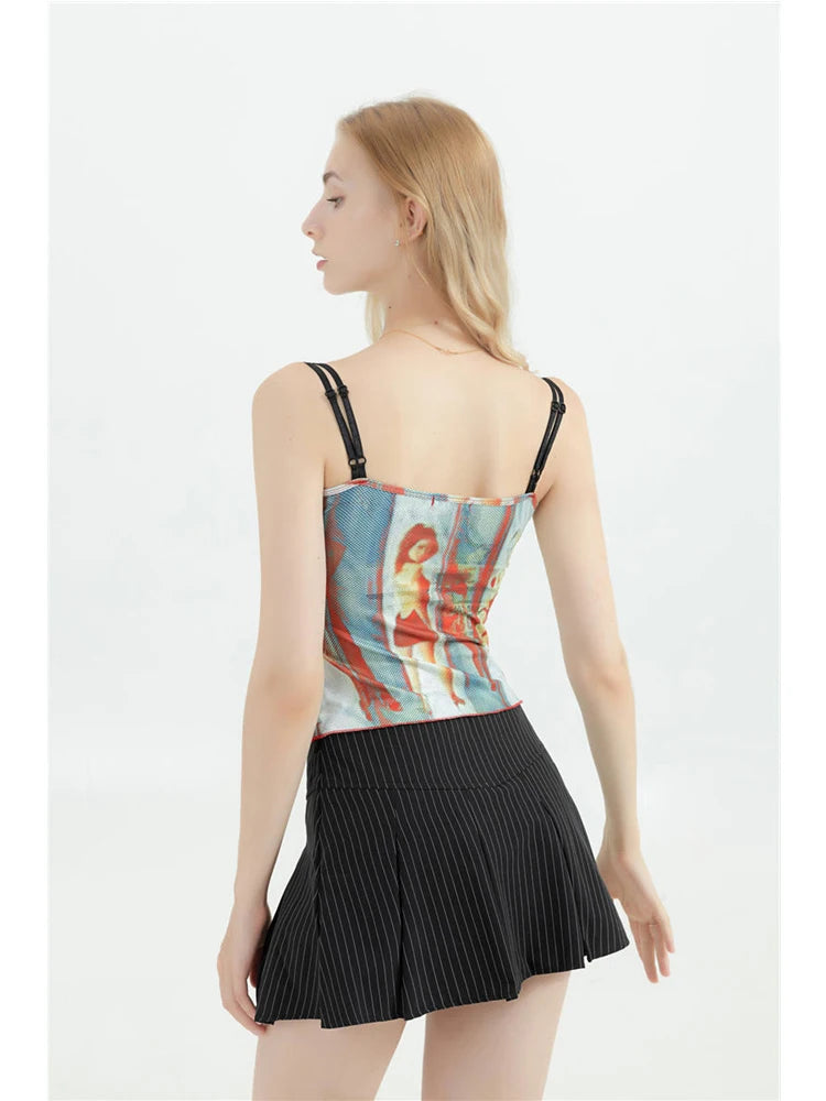 Sexy Slim Spaghetti Strap Camisole Graphic Print Tank Top Y2K Female Vintage Fashion Off Shoulder Vest Women's Crop Top Summer