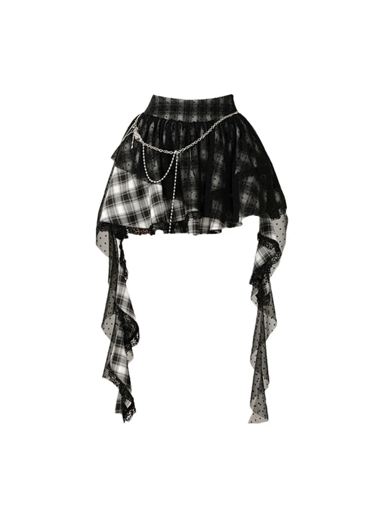 Women's Patchwork Gothic A-line Plaid Skirt Aesthetic Vintage Y2k Punk Skirts Harajuku Korean Mini Emo Skirt 2000s Clothes 2024