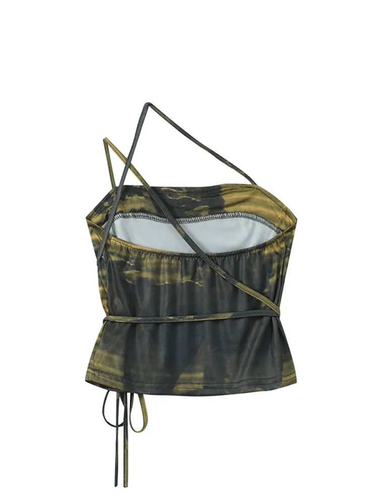 2022 Summer New Design Print Suspender Top Women's Sexy Bodycon Crop Tops Camouflage Bandage Female Retro Off Shoulder Camisole