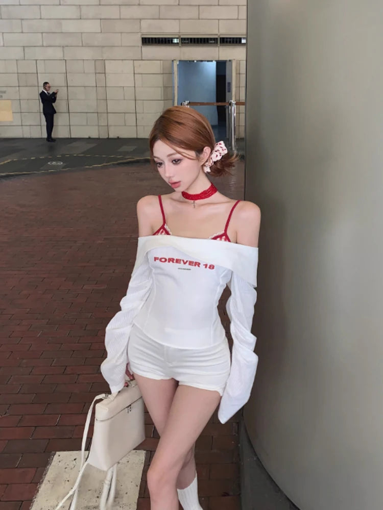 Women's White Patchwork T-shirt Harajuku Korean Y2k Tee Top Vintage 90s Aesthetic Long Sleeve T-shirt 2000s Fashion Clothes 2024