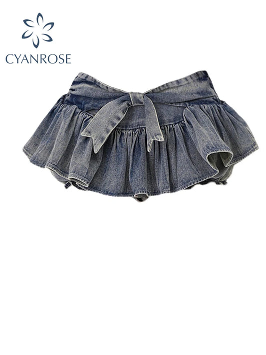 2023 Vintage Denim Pleated Skirt Women's Summer Streetwear Ladies Jeans Short Skirt Casual All Match Ball Gown Female Mini Skirt