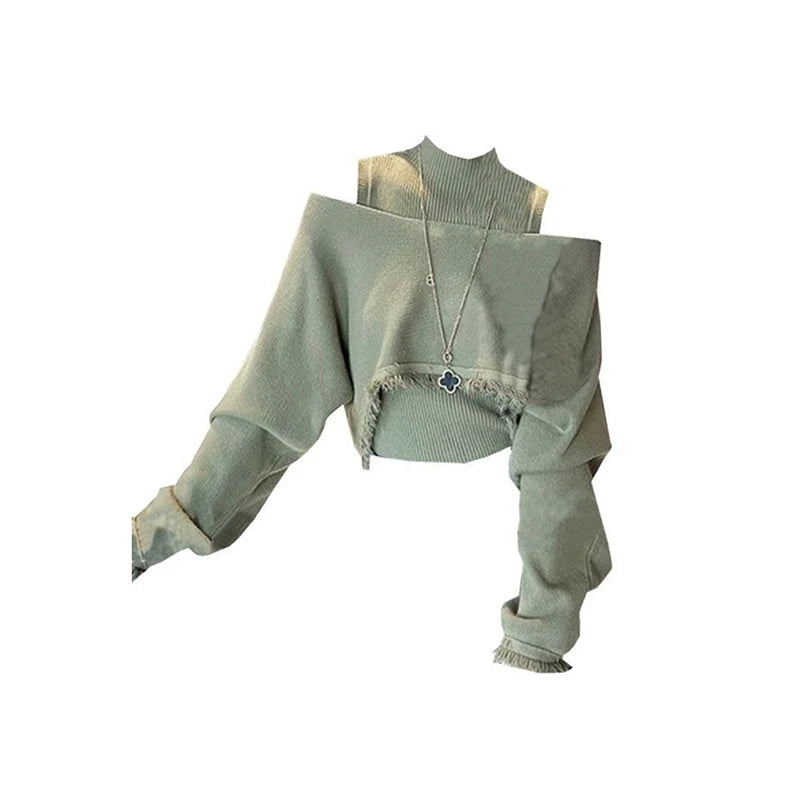 Women Green Pullover Knitted Sweater Harajuku Y2k Long Sleeves O-Neck Sweater Jumper Vintage 2000s 90s Aesthetic Clothes Autumn