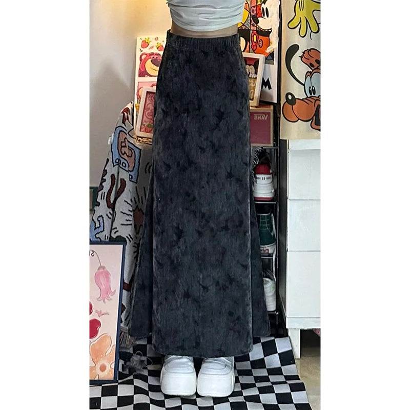 Women Black Gothic A-line Long Skirt Vintage Y2k Skirt Harajuku Korean Streetwear Tie-Dyed Skirts 2000s Goth Clothes Summer 2024