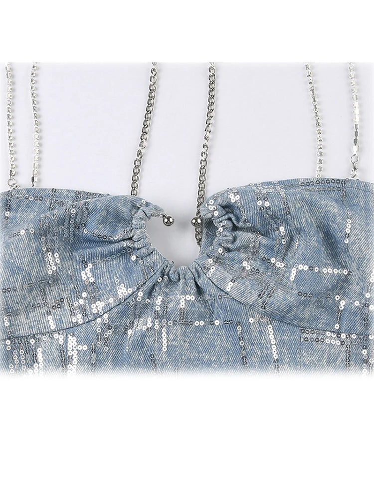 Women's Summer Chain Strap Crop Top Sexy Y2k Casual Chic Vintage Off Shoulder Hollow Out Sequins Blue Tank Top Vest Korean 2023