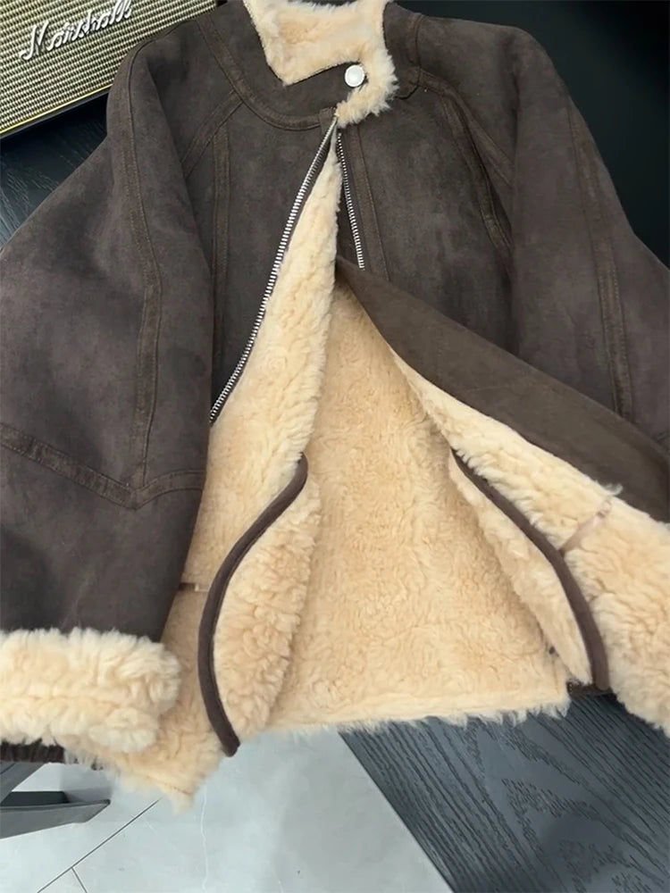 Women Coffee Shearling Jacket Coat Vintage Black Motorcycle Jacket 90s Fashion Streetwear Korean Loose Leather Outerwear Clothes