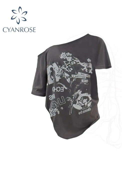 Women Graffiti Print T-shirt Harajuku Korean Y2k Tees Top Vintage 90s Aesthetic Oversize Short Sleeve Emo T-shirt 2000s Clothes