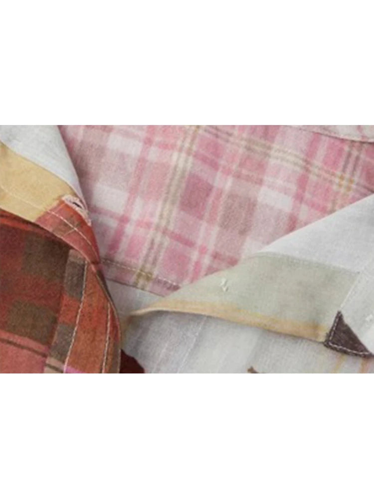 Women's Pink Plaid Patchwork Shirts Blouses Vintage Harajuku 90s Y2k Elegant Long Sleeve Shirt Top 2000s Streetwear Clothes 2024