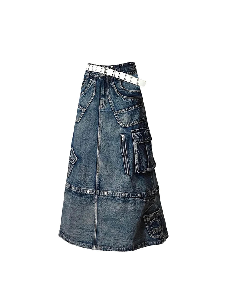 Women Blue A-line Denim Cargo Skirt Y2k Long Cowboy Skirts 90s Aesthetic Harajuku Korean Emo Jeans Skirt 2000s Vintage Clothes