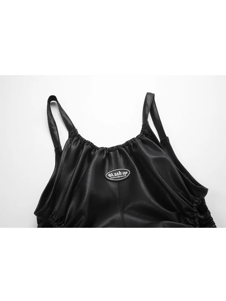 Pu Faux Leather Sexy Black Spaghetti Strap Mini Dresses Women High Waist Hollow Out Design Backless Loose Party Club Midi Frocks