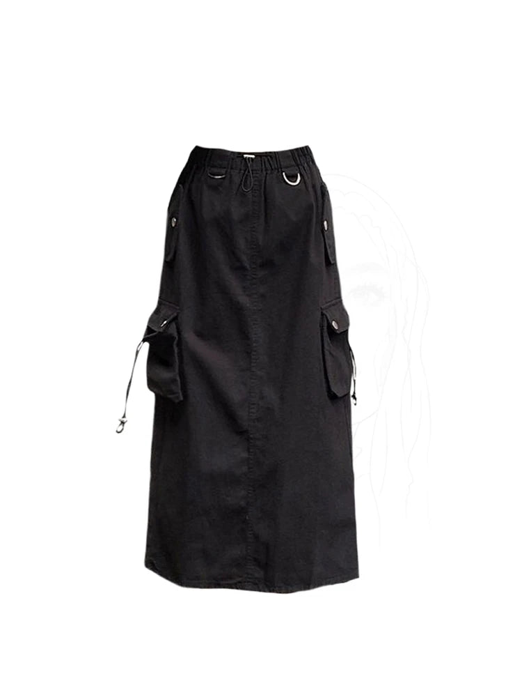 Women's Black Gothic A-line Cargo Skirt Vintage Aesthetic Streetwear Y2k Long Skirt Harajuku Korean Skirts 2000s Clothes Summer