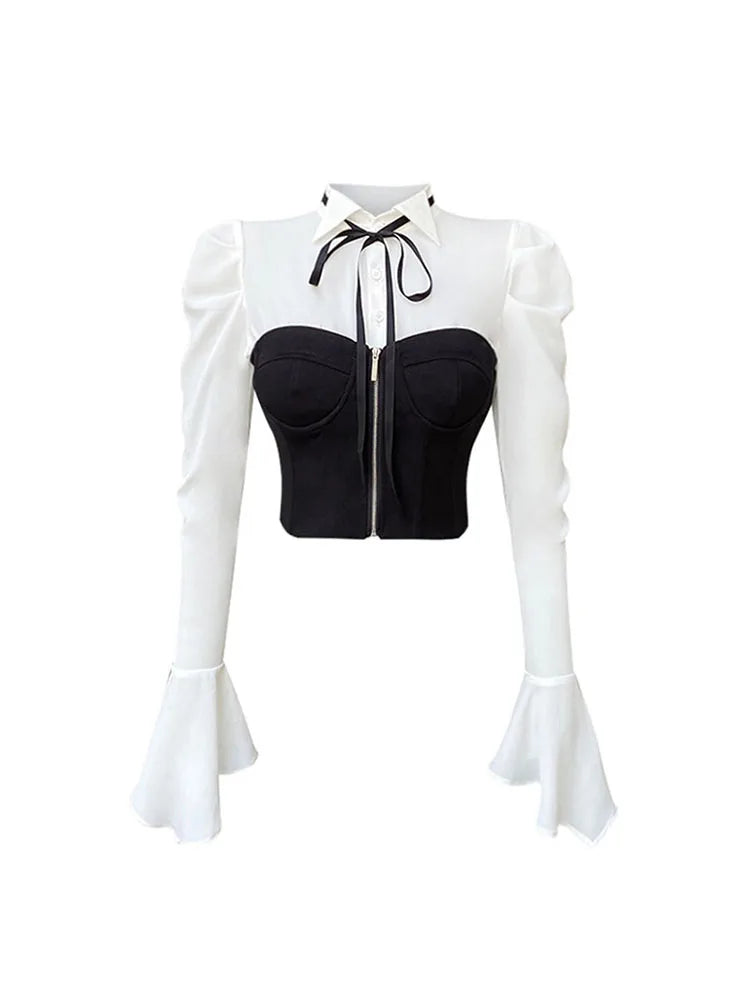 Chic Black Chiffon Shirt Long Sleeve Tops Fashion Sexy Underbust Corset Women Bustier Tube Patchwork Fishbone Crop Tops 2022 New