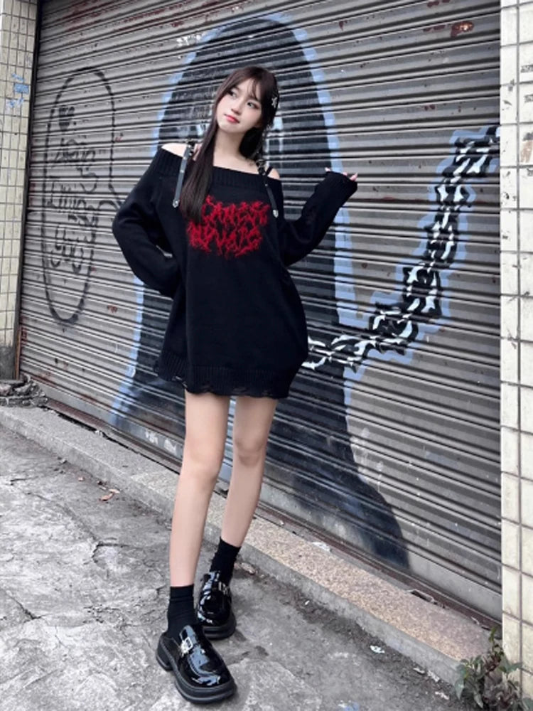 Women's Black Gothic Pullover Knitted Sweater Harajuku Korean Y2k Long Sleeves Jumper Sweaters Vintage 2000s Clothes 2024 Autumn