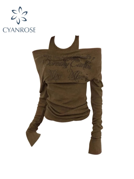 Women's Brown T-shirt Harajuku Korean Y2k Slash Neck Tees Top Vintage Aesthetic Long Sleeve Letter Print T-shirts 2000s Clothes