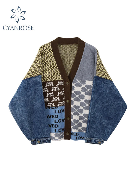 Vintage Knitted Cardigan Sweater Women Patchwork Denim Coat V Neck Long Sleeve Knitwear Casual Loose Outwear Female Tops