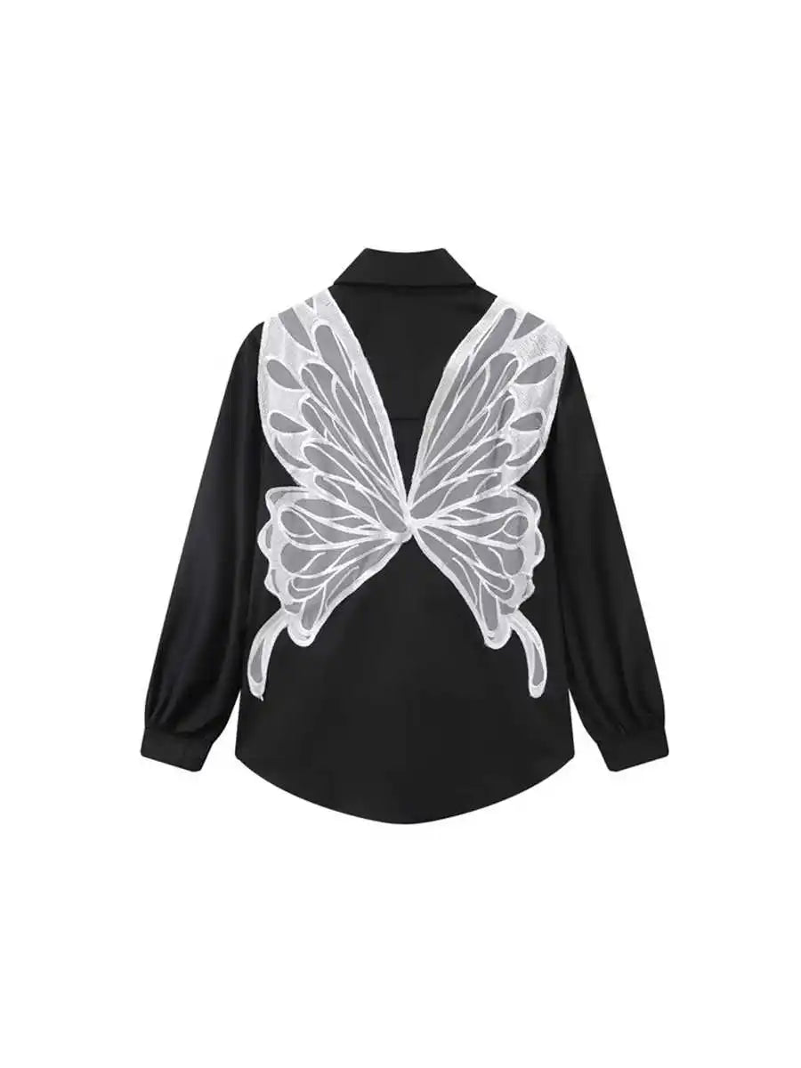 Women's Butterfly Embroidery Shirts and Blouses Y2k Long Sleeve Harajuku 2000s Women Vintage Sweet Shirt For Lady Blusas Tops