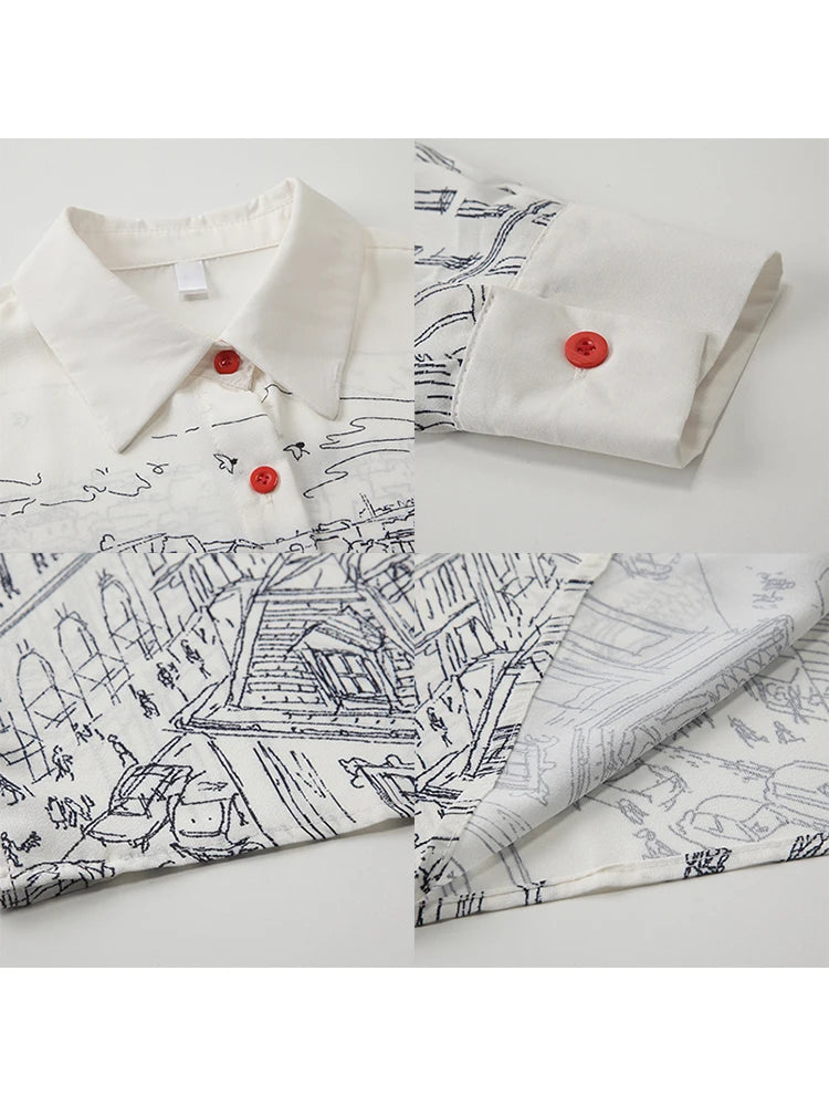 Women Shirt and Blouse Y2k Vintage Korean Style Harajuku Casual Elegant Chic Fashion Loose Long Sleeve Print Polo Shirt Top 2023