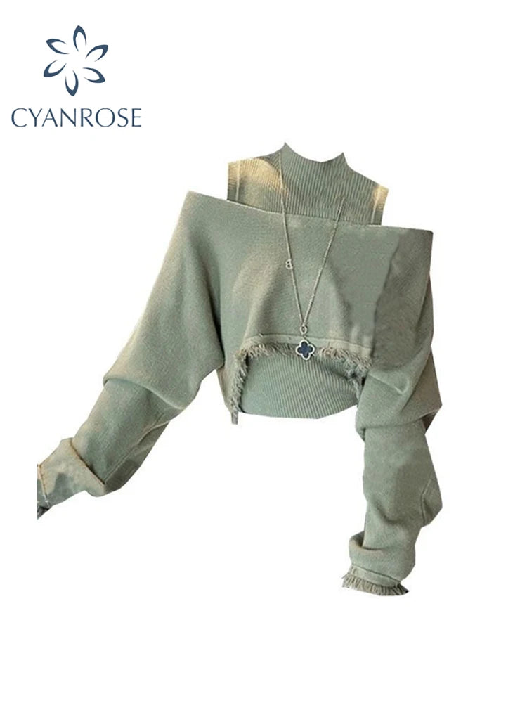 Women Green Pullover Knitted Sweater Harajuku Y2k Long Sleeves O-Neck Sweater Jumper Vintage 2000s 90s Aesthetic Clothes Autumn