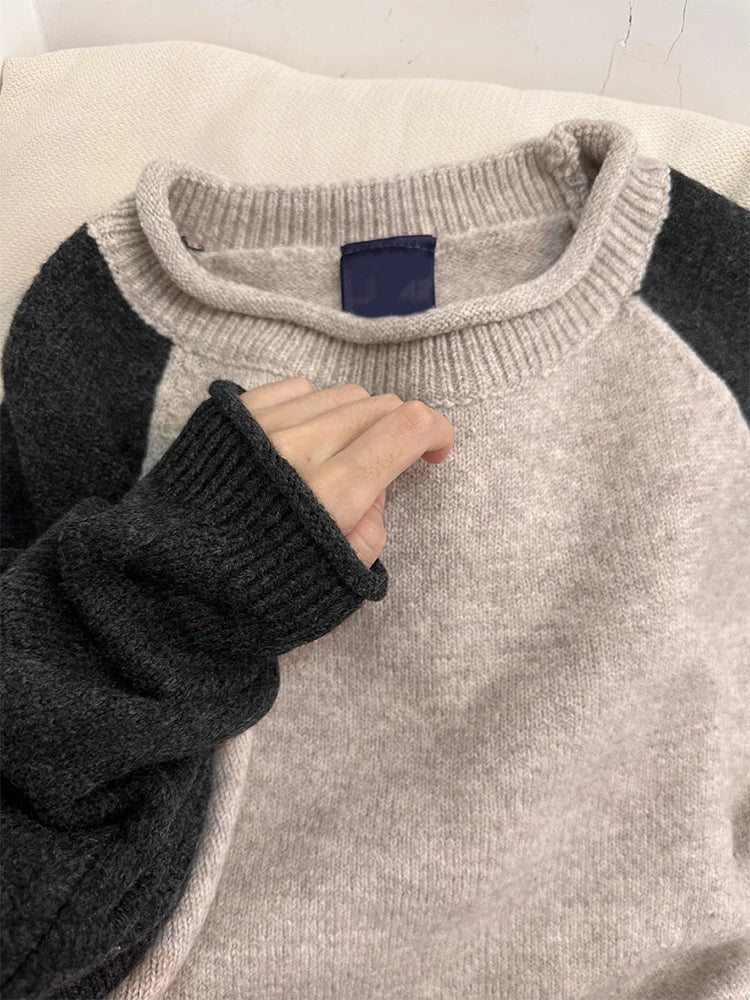 Women's Patchwork Pullover Sweater Harajuku Long Sleeves Two-tone Sweaters Jumper Vintage Y2k 2000s Clothes Fashion Winter 2024