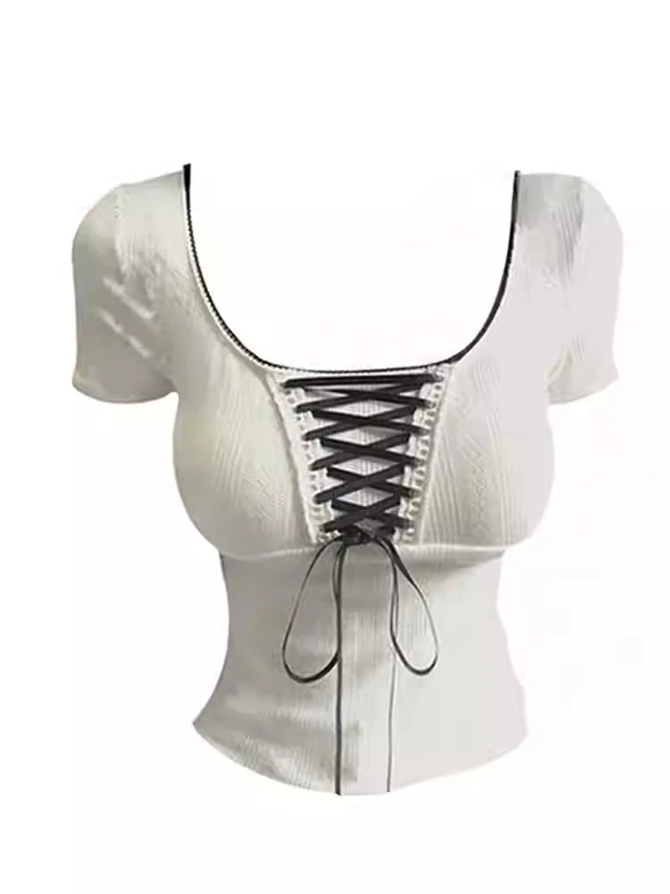 Summer Women Fashion White Bodycon T Shirts Lace Up Design Vintage Short Sleeve Tees Square Collar Stretch Tops Streetwear
