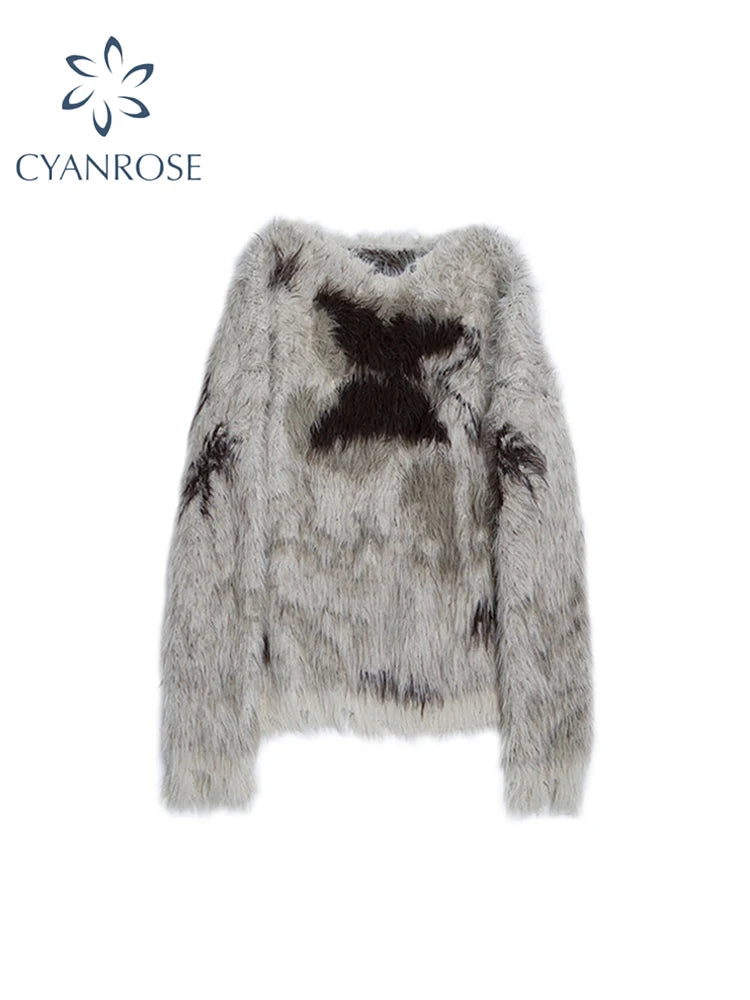 Women's Khaki Mohair Pullover Knit Sweater Harajuku Y2k Long Sleeves O-Neck Sweater Vintage 90s 2000s Aesthetic Fashion Clothes