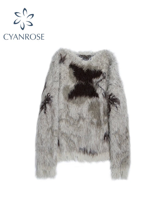 Women's Khaki Mohair Pullover Knit Sweater Harajuku Y2k Long Sleeves O-Neck Sweater Vintage 90s 2000s Aesthetic Fashion Clothes