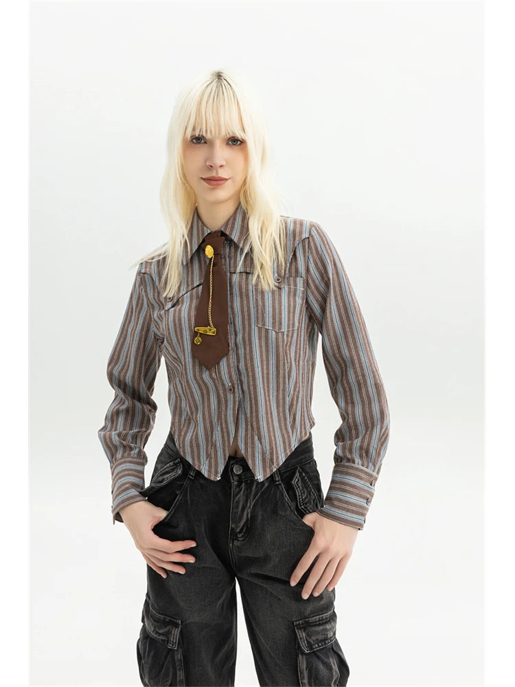 Women Striped Shirts Blouses Vintage Harajuku 90s Aesthetic Y2k 2000s Elegant Polo-Neck Long Sleeve Shirts 2000s Clothes Autumn